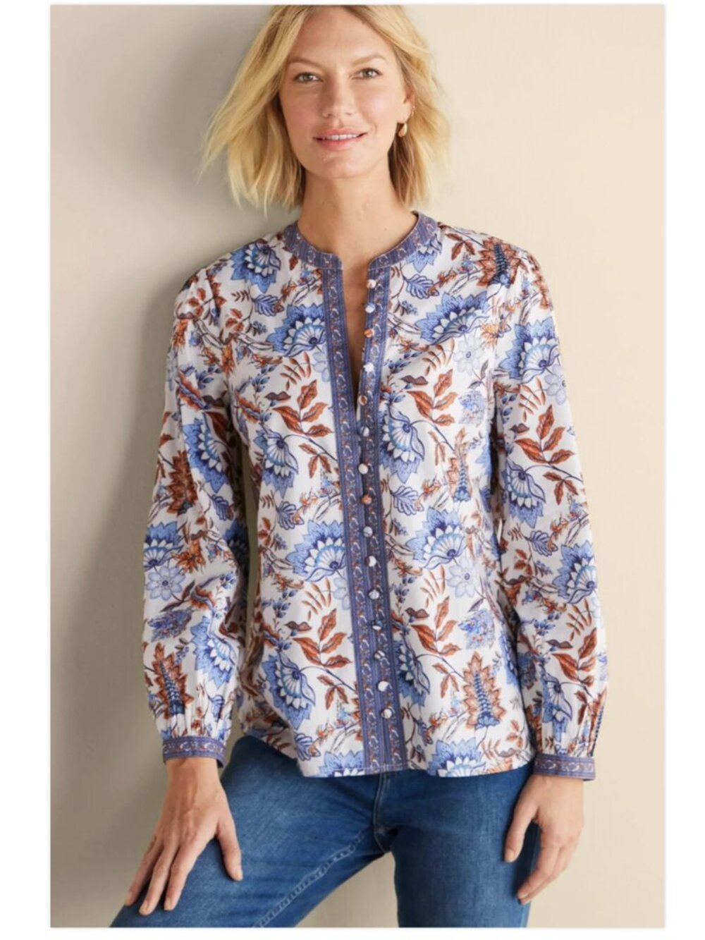 Soft Surroundings Tracy Top Chambray Calico Buttoned Front Blouse size Petite M